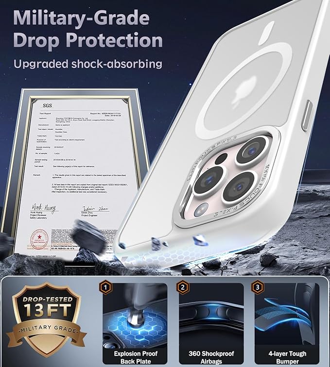 Newfuture Designed for iPhone 14 Pro Max Case with Magnetic [13 FT Military Drop Protection] [Compatible with Magsafe] Slim Translucent Matte Shockproof with Anti-Fingerprint Phone Case, Frosted White