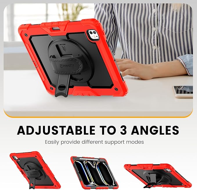 timecity Case for iPad Pro 13 Inch M5 2025 / M4 2024, 360° Rotating Stand, Pencil Holder & Wireless Charging, Shockproof with Screen Protector & Shoulder Strap - for Designers & Professionals, Red