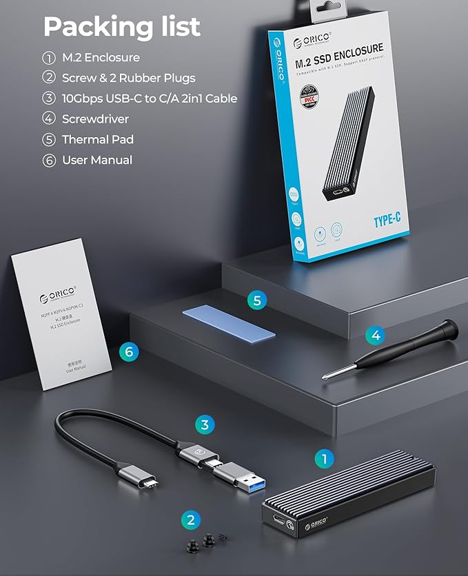 ORICO M.2 NVMe SATA SSD Enclosure, USB 3.1 Gen 2 (10 Gbps) to PCI-E 6Gbps NGFF M-Key / B+M Key SSD Case M.2 Reader Support UASP for Size 2230/2242/2260/2280 SSDs Diskless (M2PVM)