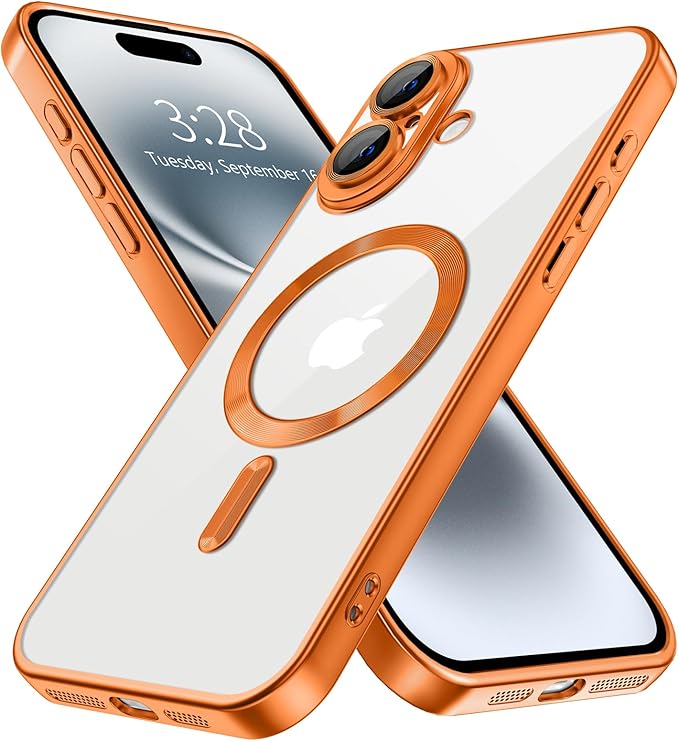 Hython Magnetic Clear for iPhone 16 Case with Camera Lens Protector [Compatible with MagSafe] Luxury Plating Edge Slim Soft TPU Cover Protective Phone Case for iPhone 16 6.1", Matte Orange
