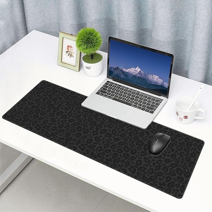 Black Leopard Print XL Large Mouse Pad with Stitched Edges Long Non-Slip Rubber Base Mousepad Laptop Keyboard Mat Desk Pad for Office Home Desk Decor, 31.5" X 11.8"