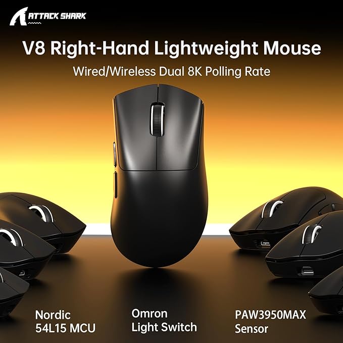 MAMBASNAKE ATTACKSHARK V8 Wireless Ultralight Gaming Mouse with 8K Polling,42000 DPI,Nordic 54L15 MCU Chip,PixArt 3950 Max Sensor-Wired/BT/2.4Ghz,400Hrs Long Battery,Programmable for PC Mac FPS(Black)