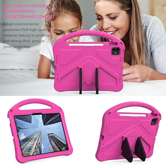 Kids Case for iPad Air 11 inch M4/M3/M2 (2026/2025/2024) with Pencil Holder/Shockproof Handle/Kickstand/Slim Lightweight Soft EVA Foam Folio Stand Tablet Protective Girls Boys Cover, Rose