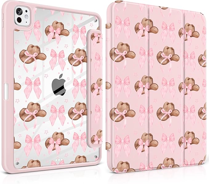 Case for iPad Pro 11 inch (M5) 2025 (M4) 2024 Release with Pencil Holder - Aesthetic Cute Preppy Design Trifold Cover with Soft TPU Bumper Clear Back Auto Sleep/Wake for Girls Women, Hat