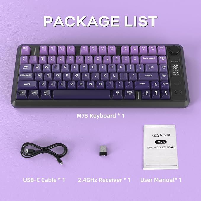 FREEWOLF M75 Wireless Gaming Keyboard Mechanical Feel Membrane with Knob & OLED Display Bluetooth/2.4Ghz Rainbow Backlit Gradient PBT Keycaps 2000mAH Battery Anti-Ghosting-Purple
