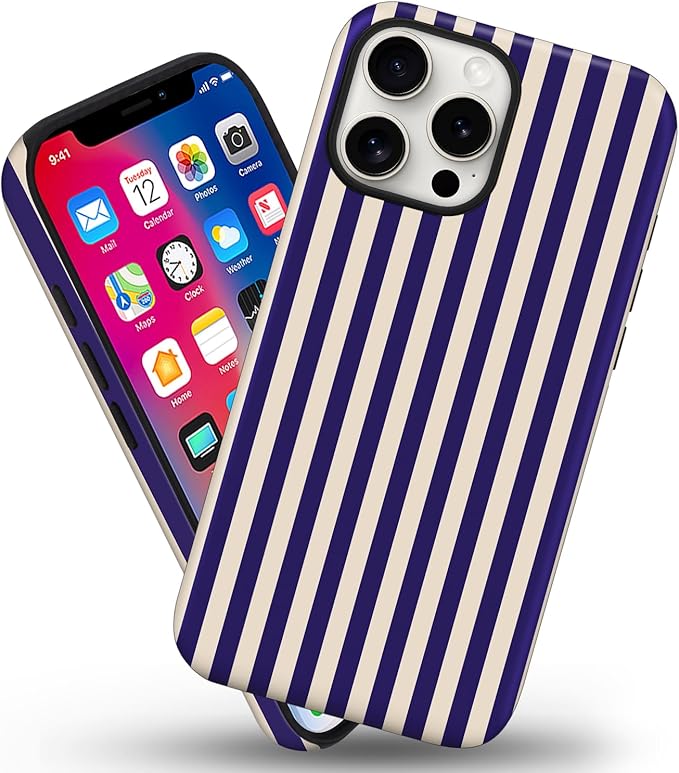 Magnetic for iPhone 15 Case Cute Stripes Phone Case, Shockproof Slim TPU and Hard PC Protective Phone Cover Compatible with MagSafe Designed for Women Girls, Deep Purple