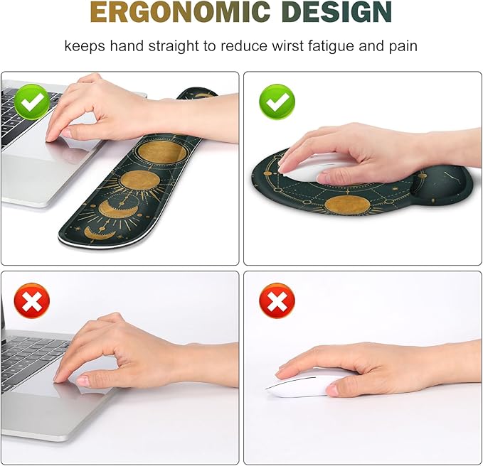 Large Desk Mat, Gaming Mouse Pad, Desk Pad Protector, XXL Mousepad + Keyboard Wrist Rest+Mouse Wrist Rest+Coaster Ergonomic Desk Pad for Home Office Decor, Dark Green Gold Moon Phases Constellation