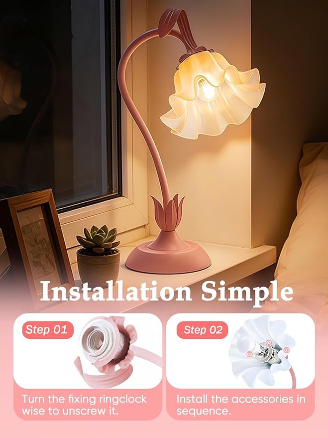 Mothers Day Gifts, Flower Table Lamp, LED Reading Light Vintage Bedside Lamps, 3 Color Modes Kawaii Nightstand Lamp, Flower Table Lamps for Bedroom Living Room Home Decoration(Pink lamp)