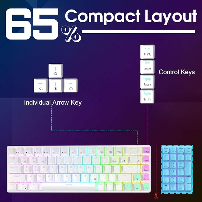 RK ROYAL KLUDGE RK68 Wired 65% Mechanical Keyboard, RGB Backlit Ultra-Compact 60% Layout 68 Keys Gaming Keyboard, Hot Swappable Keyboard with Stand-Alone Arrow/Control Keys, Red Switch White