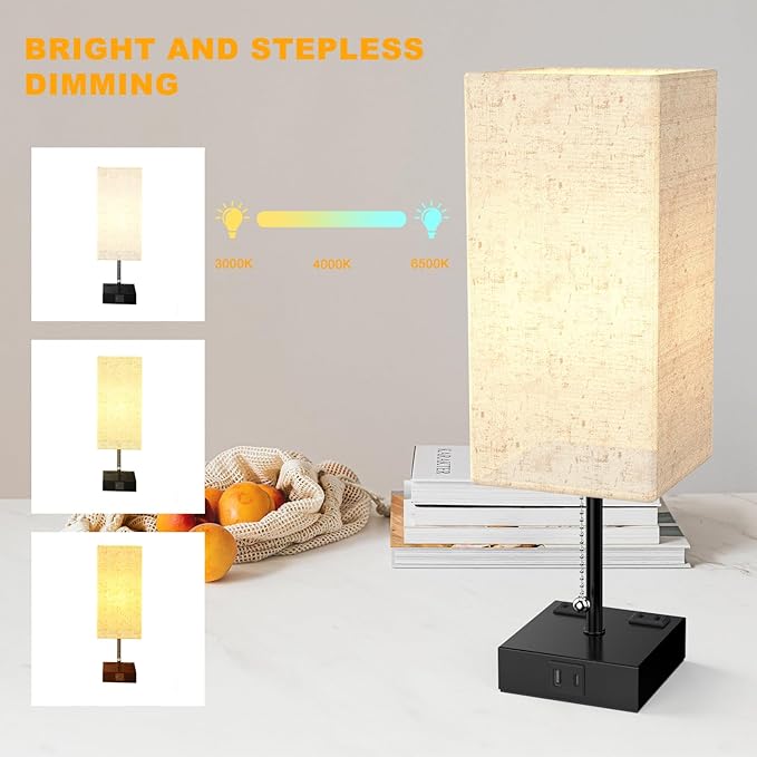 YIDPU Table Lamp for Bedroom with USB,Bedside Lamp with USB C+A Charging Ports,Adjustable 3color LED Light for Home Decor/Nightstand/Office,Included Bulb and Fabric Lamp Shade (Linen White, 2PCS)