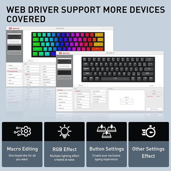 Redragon K617 HE Rapid Trigger Gaming Keyboard, 60% 61 Keys Wired Mechanical Keyboard w/Adjustable Hyper-Fast Actuation, Dedicated Hall Effect Magnetic Switch, PBT Gradient Keycap Strap Version