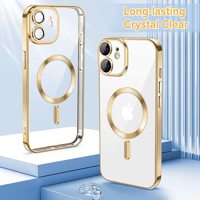 Hython Magnetic Clear for iPhone 11 Case with Camera Lens Protector [Compatible with MagSafe] Luxury Plating Edge Slim Soft TPU Cover Protective Phone Case for iPhone 11 6.1", Gold