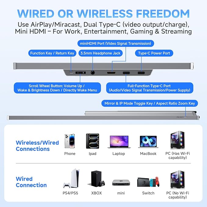 Wireless Portable Monitor with Power Bank, Supports AirPlay/Miracast, 15.6" 1080P Portable Screen Extender, Wireless Casting&Auto-Rotation, Dual Monitor for Laptop/Mac/Switch/Phone/PC