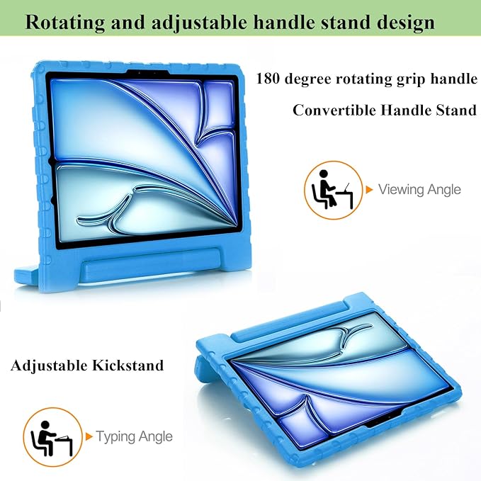 for iPad Air 11-inch Case M3/M2 (2025/2024) for Kids with Pencil Holder/Kickstand, Anti-Slip Handle Stand Lightweight Soft EVA Foam Shockproof Rugged Bumper Tablet Protective Cover, Blue