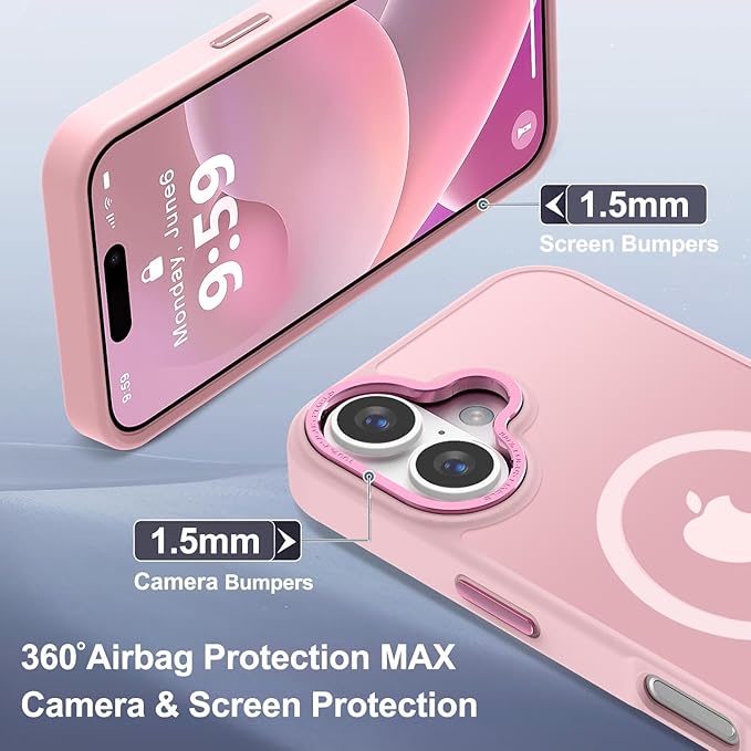 Newfuture Designed for iPhone 16 Case with Magnetic [13 FT Military Drop Protection] [Compatible with Magsafe] Slim Translucent Matte Shockproof with Anti-Fingerprint Phone Case, Tender Pink