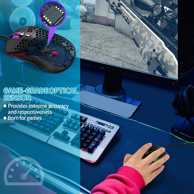 Techsea Honeycomb Wired Gaming Mouse with RGB On/Off Switch, 7200 Adjustable DPI, Ergonomic Lightweight Design & High Precision Sensor for PC/Mac Gamers (Black)