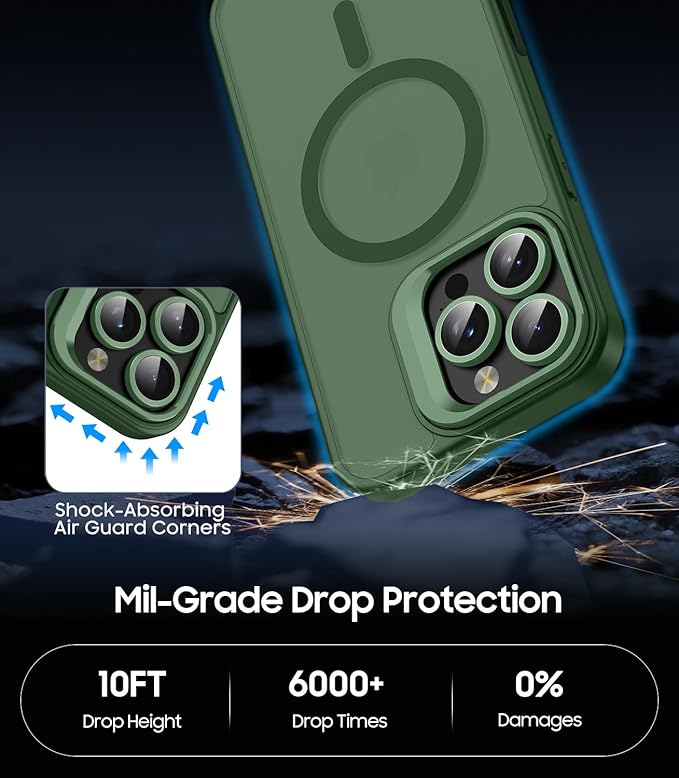TOBOVON for iPhone 16 Pro Max Case, Compatible with MagSafe, Built-in Camera Ring Stand, with Individual Camera Cover, Translucent Matte Military-Grade Drop Protection Magnetic Case, Green