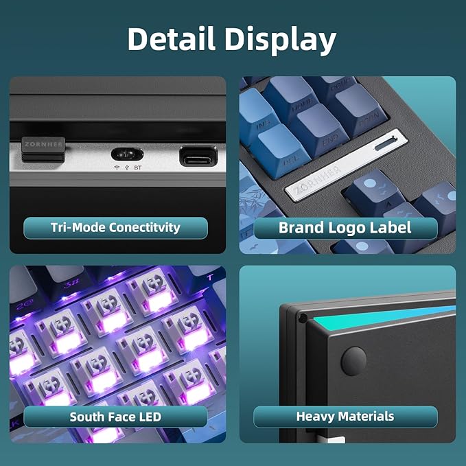 ZORNHER ZH870 Wireless Mechanical Gaming Keyboard,80% Blue Custom Creamy Sound Keyboard with Lighted Up Dye Sublimation PBT Keycaps,Pre-lubed Linear Switches,Hot-Swappable,RGB Backlit