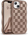 GVIEWIN Cute for iPhone 14 Case & iPhone 13 Case [Compatible with MagSafe] [Curly Wave Edge] Floral Translucent Magnetic Shockproof Protective Phone Cover for iPhone 14/13 6.1'', Grids/Brown