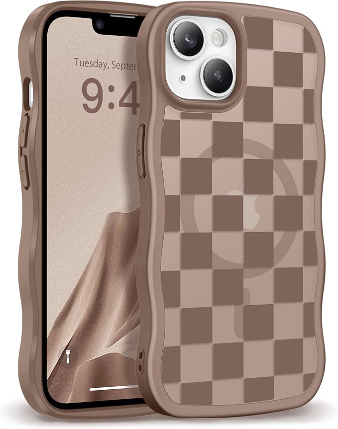 GVIEWIN Cute for iPhone 14 Case & iPhone 13 Case [Compatible with MagSafe] [Curly Wave Edge] Floral Translucent Magnetic Shockproof Protective Phone Cover for iPhone 14/13 6.1'', Grids/Brown