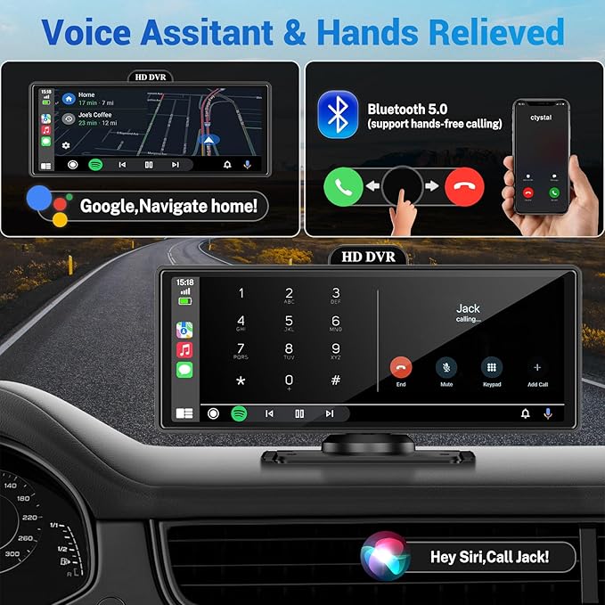 Wireless Apple Carplay Screen for Car with 4K Dash Cam, 10.26" Portable Apple Carplay & Android Auto, HD Touchscren with 1080p Backup Camera, Voice Control/Mirror Link/GPS/BT/FM