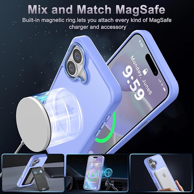 Newfuture Designed for iPhone 16 Case with Magnetic [13 FT Military Drop Protection] [Compatible with Magsafe] Slim Translucent Matte Shockproof with Anti-Fingerprint Phone Case, Light Purple