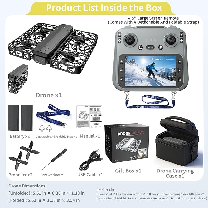 Foldable Mini Drone with 2K Camera & 4.5" Screen - Portable Pocket Drone for Adults and Kids, Includes Follow Me, Gesture-Controlled Selfie, Key Takeoff, Propeller Guards and Detachable Lanyard