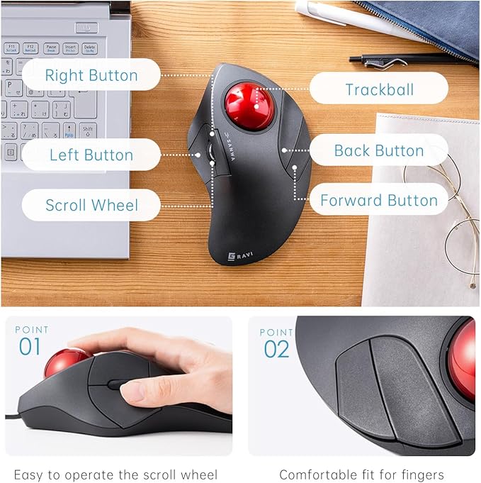 SANWA Wired Ergonomic Trackball Mouse, Optical Rollerball Mice, Programmable Silent Buttons, 44mm Trackball, 600/800/1200/1600 Adjustable DPI, Compatible with MacBook, Laptop, Windows, macOS