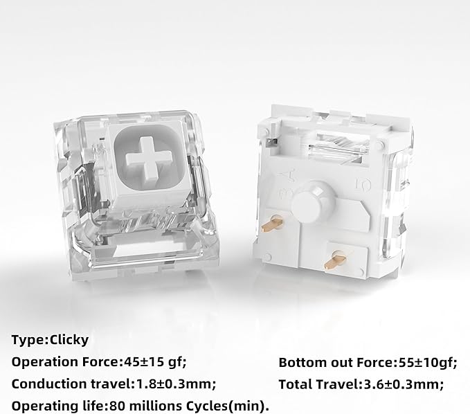 Kailh Box White Mechanical Keyboard Switches,3-Pin 45gf Clicky/Speed Typing/Gaming/Waterproof Switches(72Pcs,Kailh Box White)