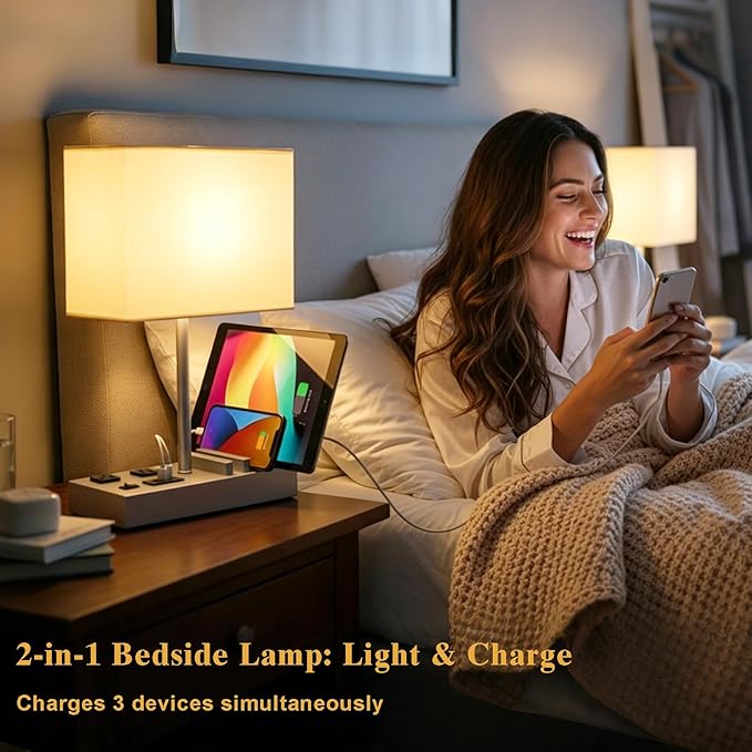 Briever Upgraded 3 USB Table Lamp with 2 USB A & C Charging Ports, Bedside Desk Lamp with 2 AC Outlets and Wooden Phone Stand Organizer, Nightstand Lamp for Bedroom, Living Room, Office, Silver Base