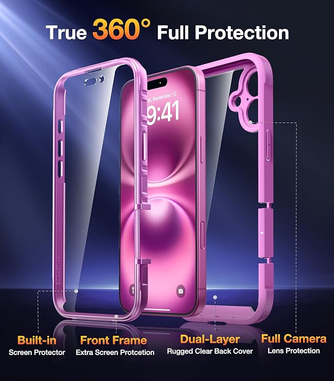 Diaclara Designed for iPhone 16 Plus Case 6.7 Inch,Upgraded [Full Camera Protection] Full Body Rugged Clear Bumper Case with Built-in Screen Protector for 16 Plus,Rose Pink