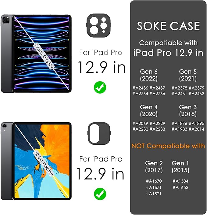 Soke Case for iPad Pro 12.9 Inch (6th/5th/4th/3rd Generation, 2022/2021/2020/2018) - Pencil Holder + Auto Sleep/Wake + Camera Protection, Transparent Shockproof Back Cover, Book Black