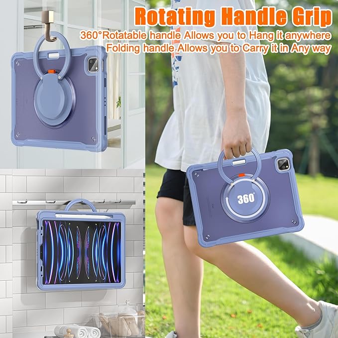 Batianda Ultimate Protective Case for iPad Pro 11-inch 2022 4th M2 Chip /2021 (3rd Generation) Rugged Shockproof Tablet Cover with 360° Rotatable Kickstand & Shoulder Strap & Pencil Holder, Lavender