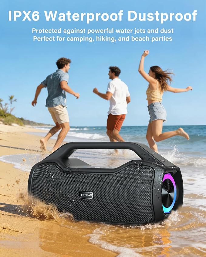 Portable Bluetooth Speaker Bass Boost, 120W Peak Loud Powerful Speakers Wireless w/2*Bass and 2*tweeters, 20H Playtime,IPX6 Waterproof, BT5.4, Suitable for Party, Beach, Camping,Outdoor,Large Jobsite,