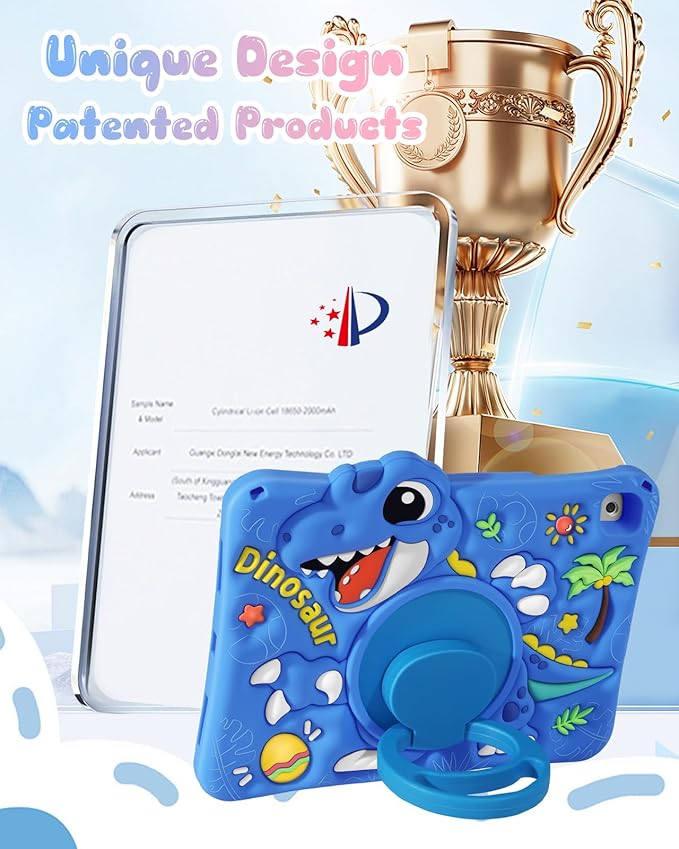 Boaretiu for iPad 6th/5th Gen Case, for iPad Air 2nd/Air 1st/Pro 9.7 inch 2016 Case - Cute Cartoon Silicone Cover with Adjustable Shoulder Strap & Rotating Stand for Kids Boys Girls, Blue Dinosaur