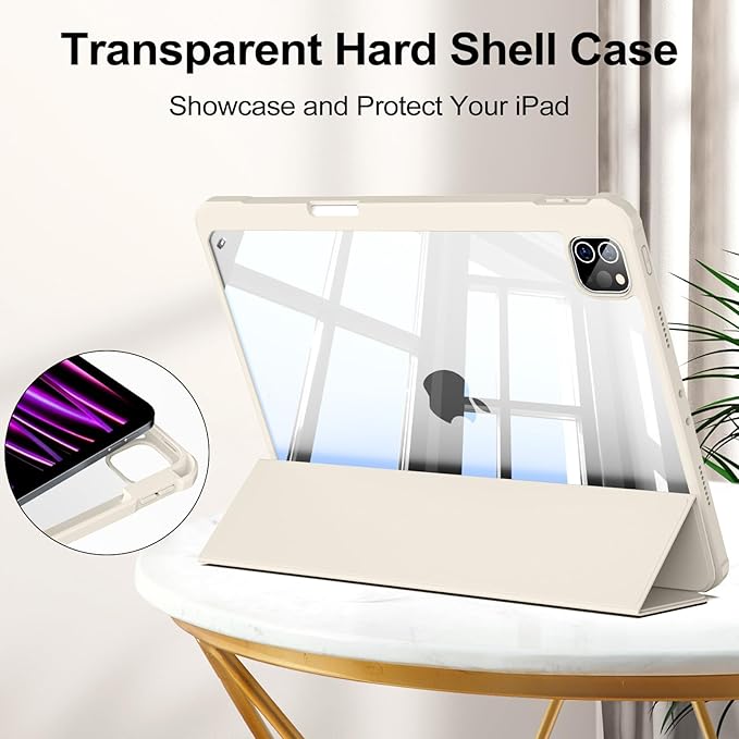 JKSML Case for iPad Pro 11 Inch 4th/3rd/2nd Generation 2022/2021/2020, Transparent Protective Cover with Right Side Pencil Holder, Supports Pencil 2 Charging, Cream White