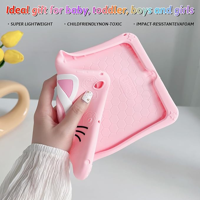 Dteck for iPad 9th/8th/7th Generation Case 10.2",Cute Cartoon Funda 3D Unique Design Light Rotating Handle Stand Shoulder Strap Soft Silicone Drop Rugged Shockproof Protective Kid-Proof Case,Cat