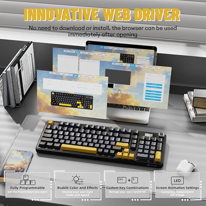 ATTACK SHARK X98PRO Wireless Mechanical Keyboard,Multi-Function Knob&TFT Screen,Tri-Mode BT/2.4G Hz/USB-C Wired Keyboard,Hot-Swap RGB Backlit,4000mAh 98 Keys,Cloud Drive,for Win/Mac/Linux-Starry Black