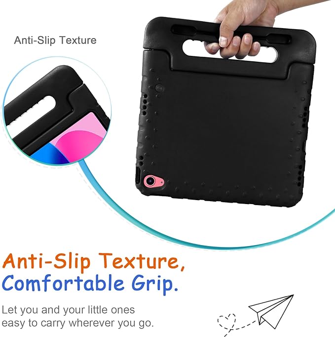 Kids Case for iPad 10th Generation (2022), iPad 11" A16 2025 Case with Pencil Holder, Techcircle Handle Stand Lightweight EVA Foam Bumper Protective Rugged Drop Protection Child Proof Cover, Black