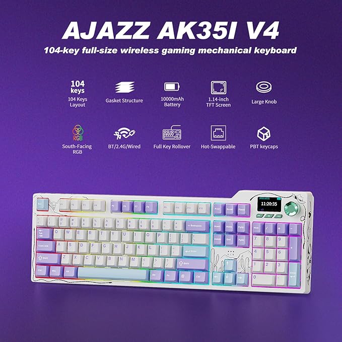 Ajazz AK35I V4 Customizable Wireless Gaming Mechanical Keyboard, Wired/Wireless 2.4G/BT, Gasket Structure, 10000mAh Battery, Full-Color RGB, 1.14-inch Color Screen, Knob, Multi-Function Keys.