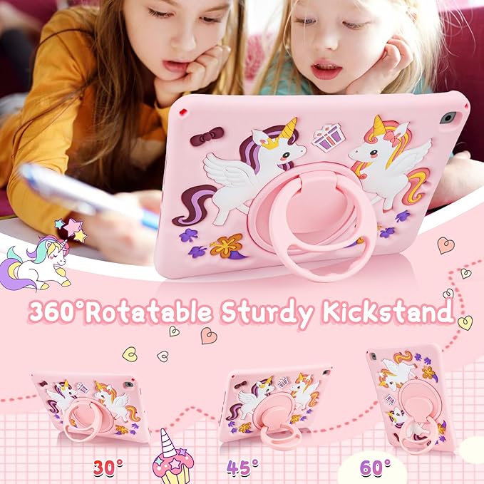 HianDier for iPad 9th Generation Case/iPad 8th Generation Case/iPad 7th Generation Case Cute Unicorn Silicone Tablet Cover with Detachable Strap and Rotatable Stand Shockproof Cover-Pink