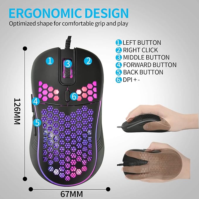 Techsea Honeycomb Wired Gaming Mouse with RGB On/Off Switch, 7200 Adjustable DPI, Ergonomic Lightweight Design & High Precision Sensor for PC/Mac Gamers (Black)