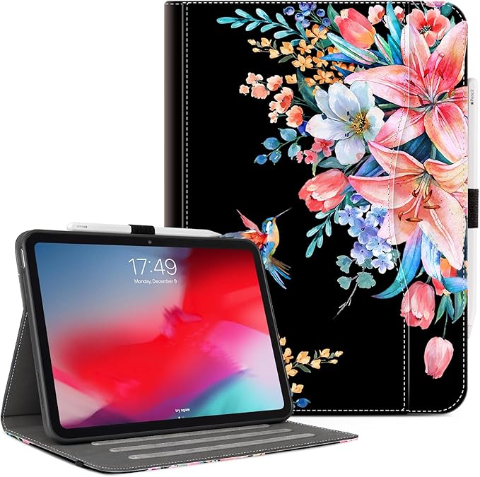 Vimorco Case for iPad (A16) 11th Generation 2025, for iPad 11th/10th Generation Case, Pencil Holder&Handle Strap&Pocket, Multiple Stand Protector PU Leather Shell Cover, Black Flower Hummingbird