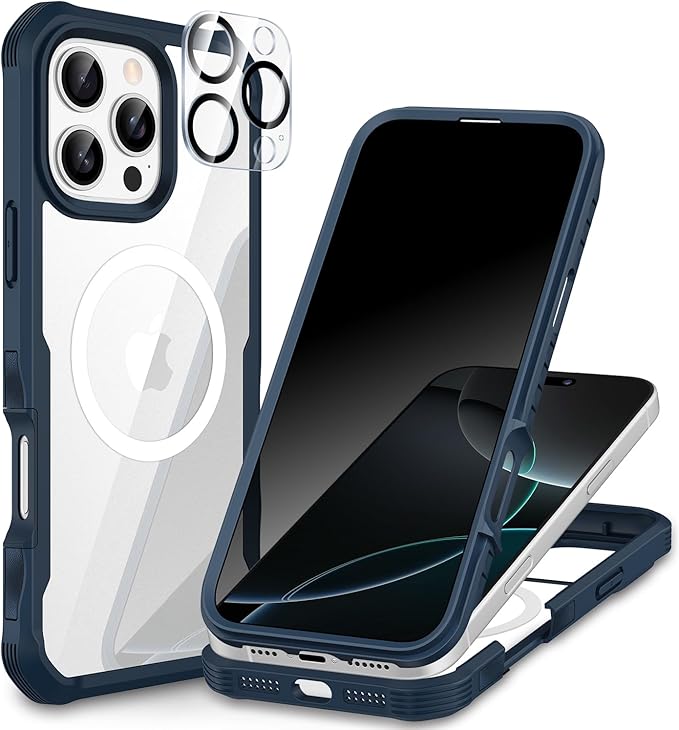 CENHUFO Magnetic Privacy for iPhone 16 Pro Max Case [Compatible with Magsafe] Full Body Phone Case Built-in 9H Tempered Glass Privacy Screen Protector Camera Lens Protector, Shockproof Cover -Blue
