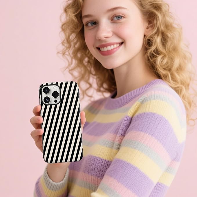 Magnetic for iPhone 15 Pro Max Case Cute Diagonal Stripes Phone Case, Shockproof Slim TPU and Hard PC Protective Phone Cover Compatible with MagSafe Designed for Women Girls,Black and White