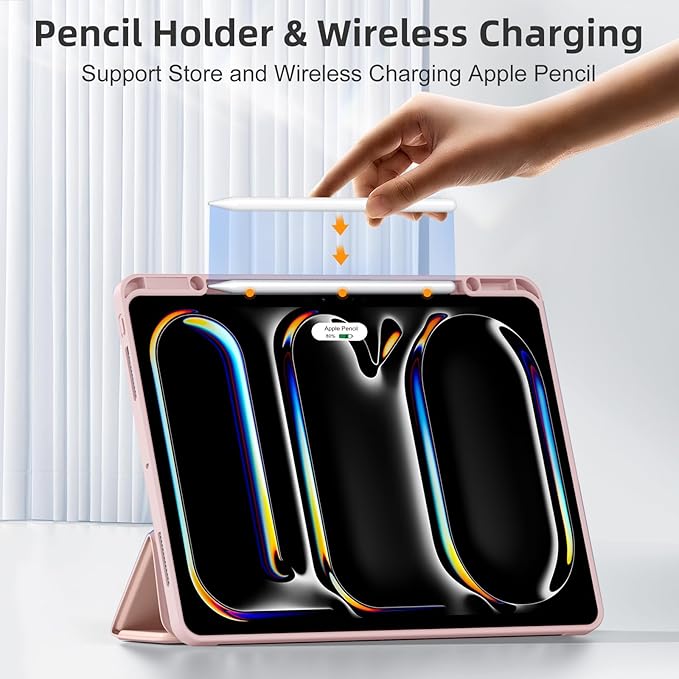 Compatible with iPad Pro 13 Inch Case M5 2025/ M4 2024, Soft TPU Back Cover for iPad 13 Pro Case, with Pencil Pro & (USB-C) Holder, Trifold Stand, Auto Wake/Sleep, Rose Pink