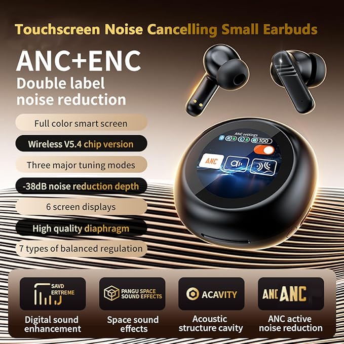 Xmenha lx300 Black Wireless Bluetooth 5.4 TWS Touch Screen Earbuds with Active Noise Cancellation and Transparency Mode