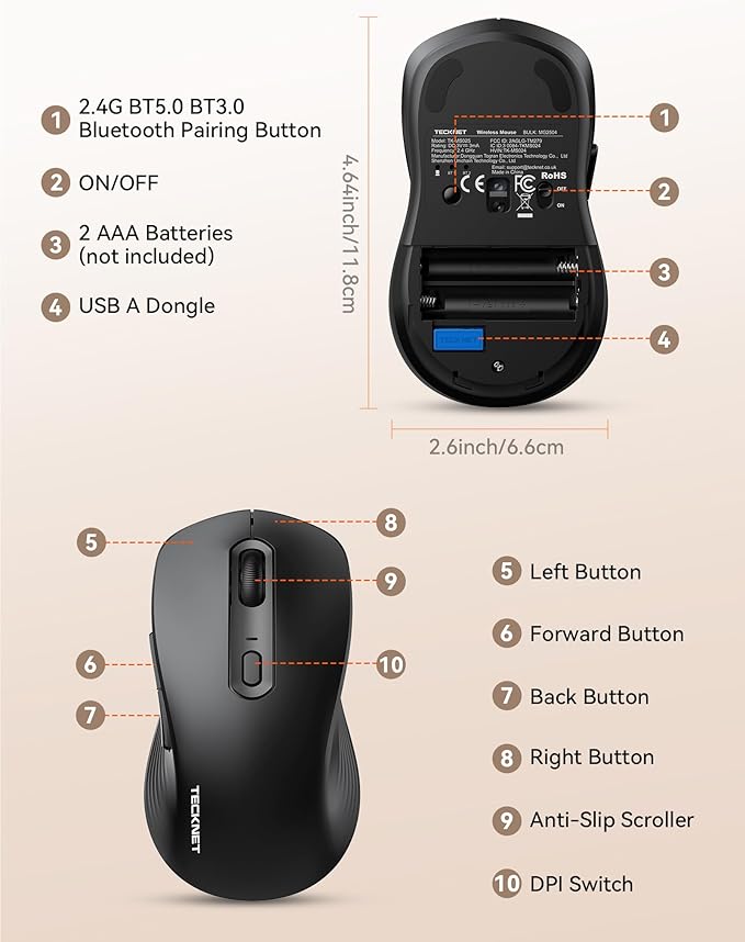 TECKNET Rechargeable Bluetooth Mouse, [ USB + BT5.0 + BT3.0 ] Wireless Mouse, Ergonomic Design, Silent Click, 6-Level 4800 DPI Wireless Mice, 3-Device Switching for Laptop, Computer, MacBook（Charcoal）