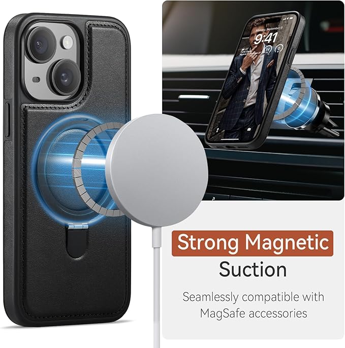 for iPhone 15 Case with Stand Compatible with Magsafe Slim PU Leather & Durable TPU Drop Proof Magnetic Kickstand Protective Phone Cover with Tempered Glass Screen Protector 6.1", Black