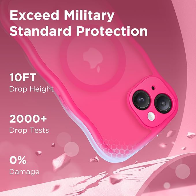 CAPRARO Cute for iPhone 15 Case, Compatible with MagSafe, [Curly Wave Edge] [Full Camera Protection] [14 FT Drop Protection] Magnetic Phone Case for 15 6.1 Inch, Hot Pink